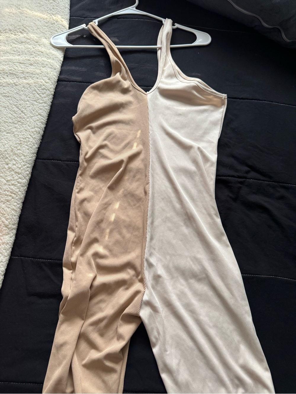 Two-Tone Ribbed Jumpsuit in Beige and Cream